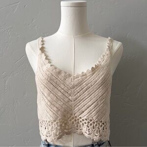 POL Oatmeal Crochet Lace V-Neck Crop Top Boho Festival Tank M/L Cotton